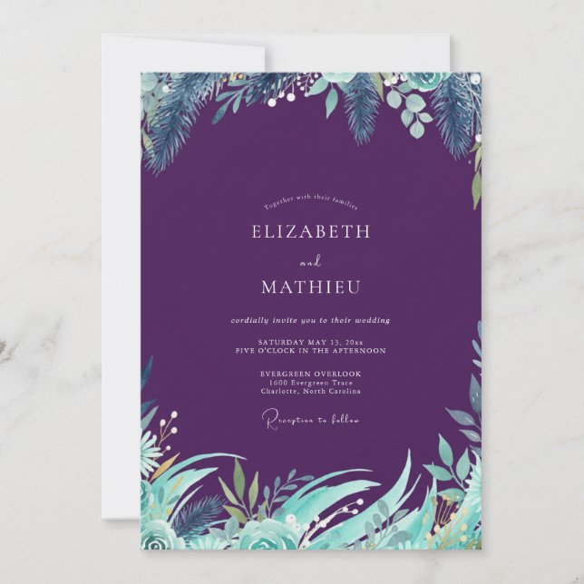Plum Tropical Foliage Eucalyptus Wedding Invitation (Front)