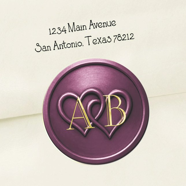 Plum Two Hearts Intertwined Monogram Wedding Classic Round Sticker (Creator Uploaded)