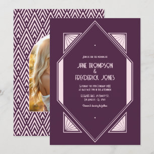 Plum Velvet & Soft Blush Art Deco Wedding Photo Invitation
