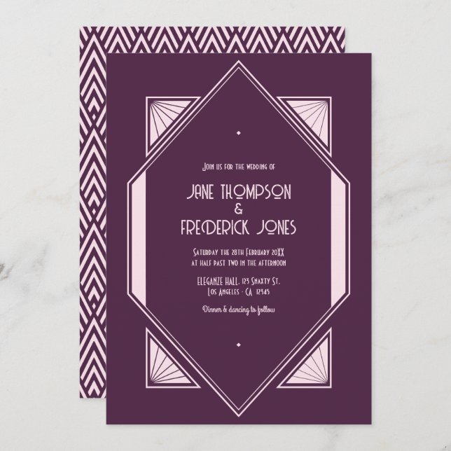 Plum Velvet & Soft Blush Art Deco Wedding Photo Invitation (Front/Back)