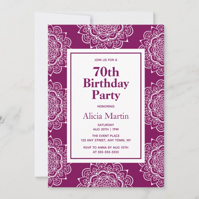 Plum Velvet & White Mandala Flower 70th Birthday Invitation (Front)