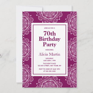 Plum Velvet & White Mandala Flower 70th Birthday Invitation