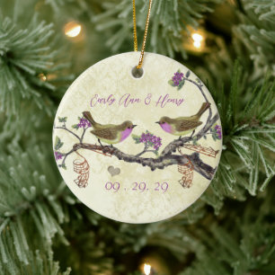 Plum Vintage Bird 1st Christmas Photo Brown Notes Ceramic Ornament