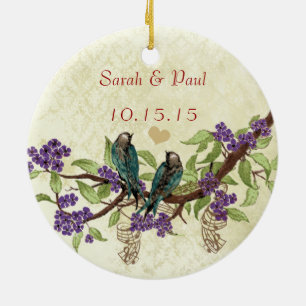 Plum Vintage Bird 1st Christmas Photo Brown Notes Ceramic Ornament