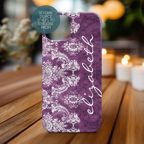 Plum Vintage Damask Pattern and Name iPhone 15 Case