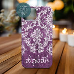 Plum Vintage Damask Pattern and Name iPhone 16 Case<br><div class="desc">A vintage pattern with a trendy design with jewel tone colors and elegance. Items are easier to customize when you replace all text and photos first. If your art still needs to be adjusted, click on the Customize This button. This will take you to a design area where you can...</div>