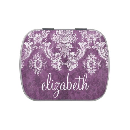 Plum Vintage Damask Pattern And Name Jelly Belly Tin