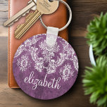 Plum Vintage Damask Pattern and Name Keychain<br><div class="desc">A vintage pattern with a chalkboard and lace design. Look closely to the flowers and leaves.A trendy design with jewel tone colors and elegance. Items are easier to customize when you replace all text and photos first. If your art still needs to be adjusted, click on the Customize This button....</div>