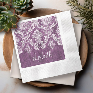 Plum Vintage Damask Pattern and Name Napkins