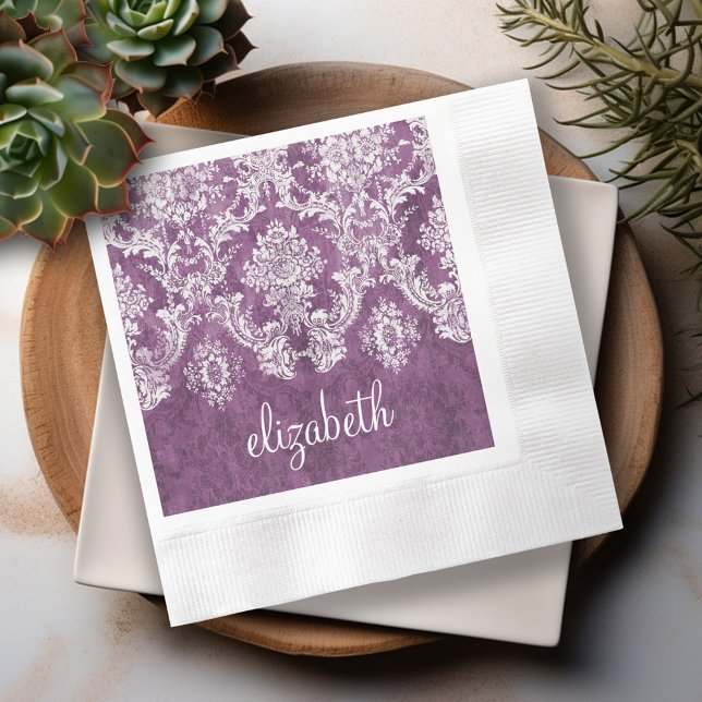 Plum Vintage Damask Pattern and Name Napkins (Personalized cocktail and dinner napkins)