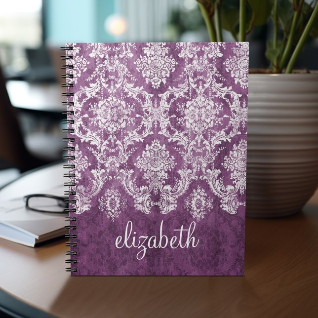 Plum Vintage Damask Pattern and Name Notebook (Personalized notebook - add name and custom text)