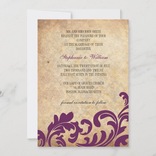 Plum Vintage Floral Swirl Wedding Invitation (Front)