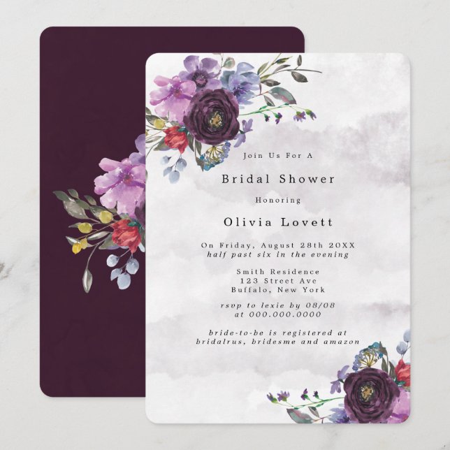 Plum Violet Botanical Peony Bridal Shower Invitation (Front/Back)