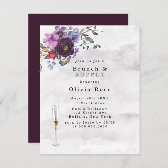 Plum Violet Botanical Peony Brunch & Bubbly  Invitation (Front/Back)
