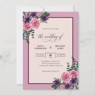 Plum Violet Bouquet Eucalyptus Wedding Invitation
