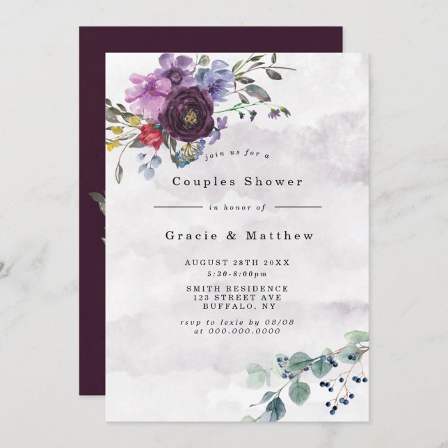 Plum Violet Chic Peony Couples Shower Invitations (Front/Back)