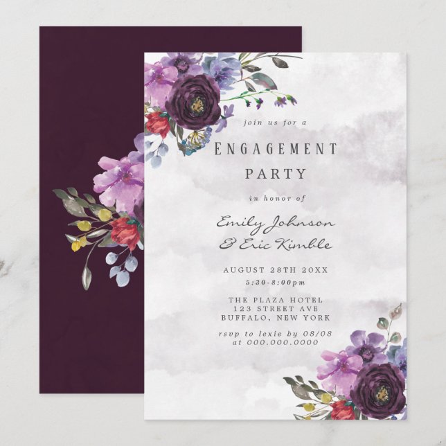 Plum Violet Chic Peony Engagement Party Invitation (Front/Back)