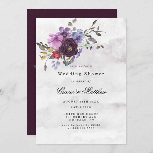 Plum Violet Peony Rustic Wedding Shower Invites  (Front/Back)