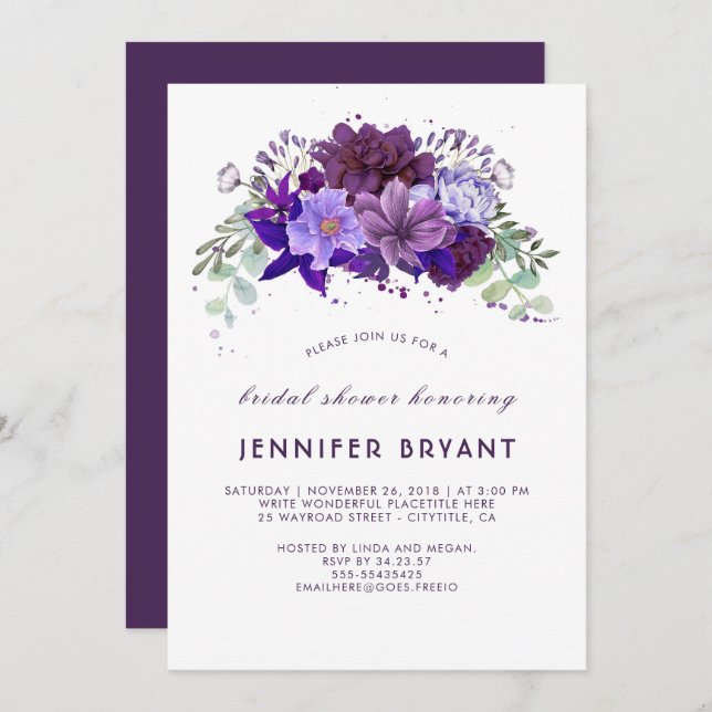 Plum Violet Purple Floral Elegant Bridal Shower Invitation (Front/Back)