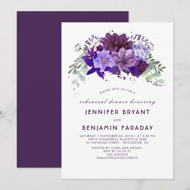 Plum Violet Purple Floral Elegant Rehearsal Dinner Invitation (Front/Back)