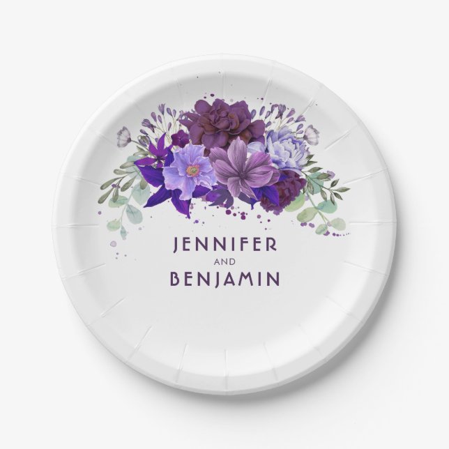 Plum Violet Purple Floral Elegant Wedding Paper Plates (Front)