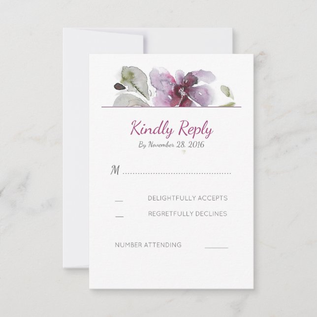 Plum Watercolor Blossom Wedding RSVP Cards (Front)