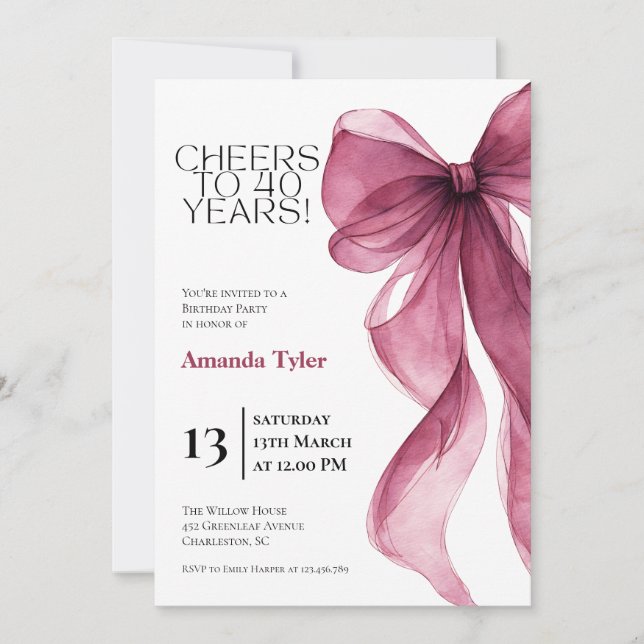 Plum Watercolor Bow Birthday  Invitation (Front)