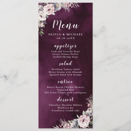 Plum watercolor  dusty pink boho floral wedding menu