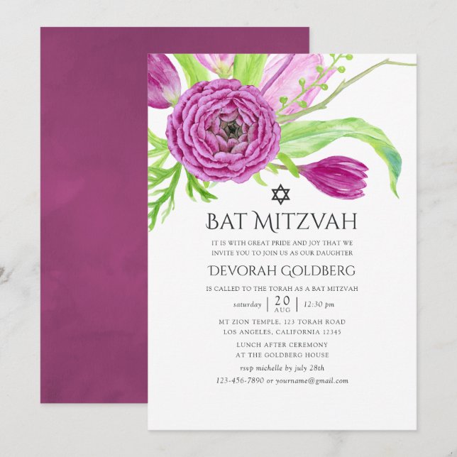 Plum Watercolor Floral Bat Mitzvah Invitation (Front/Back)
