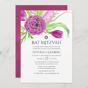 Plum Watercolor Floral Bat Mitzvah Invitation