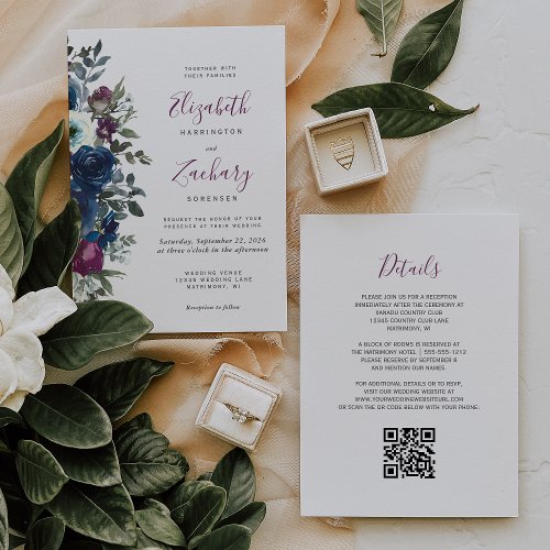 Plum Watercolor Floral Navy Blue QR Code Wedding Invitation