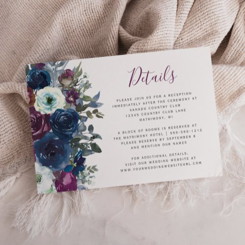 Plum Watercolor Floral Navy Blue Wedding Details Enclosure Card