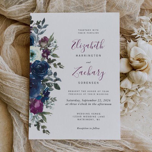 Plum Watercolor Floral Navy Blue Wedding Invitation