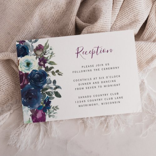 Plum Watercolor Floral Navy Blue Wedding Reception Enclosure Card