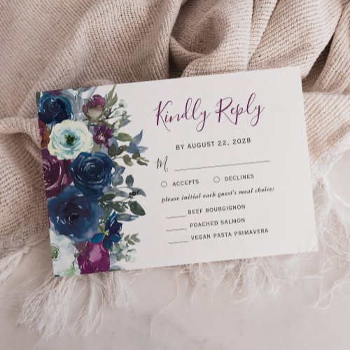 Plum Watercolor Floral Navy Blue Wedding RSVP Card