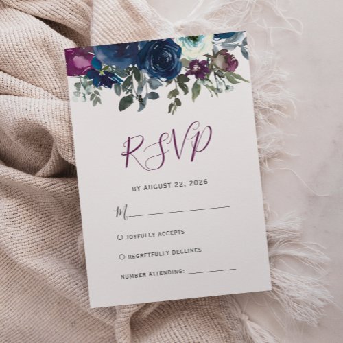 Plum Watercolor Floral Navy Blue Wedding RSVP Card