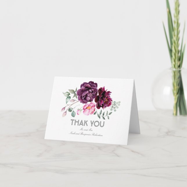 Plum Watercolor Flowers Wedding Thank You Card (Front)