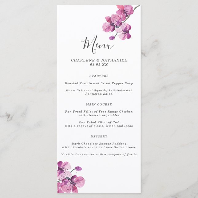 Plum Watercolor Orchid Wedding Menu (Front)