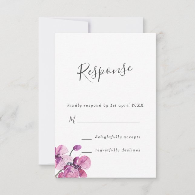 Plum Watercolor Orchids Wedding RSVP Card (Front)