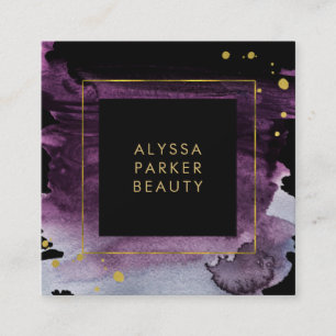 Plum Watercolor Splash with Faux Gold Look Accents Square Business Card