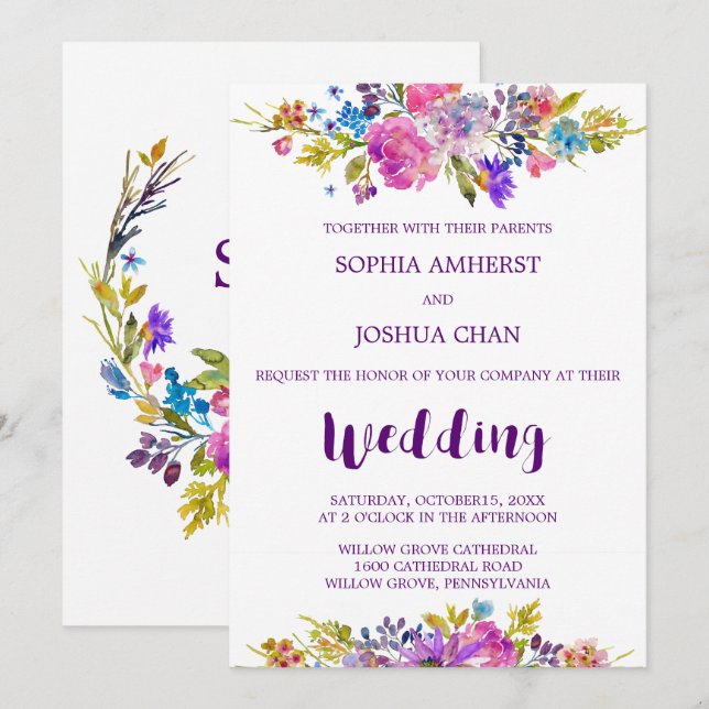 Plum Wedding Invitation Card with Monogram Backing (Front/Back)
