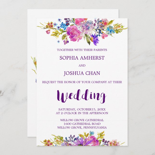 Plum Wedding Invitation Card with Monogram Backing (Front/Back)