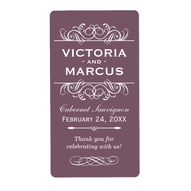 Plum Wedding Wine Bottle Monogram Favor Labels (Front)