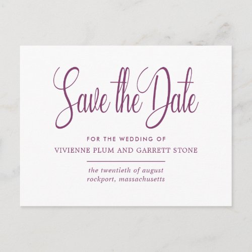 Plum  White Calligraphy Wedding Save the Date Invitation Postcard