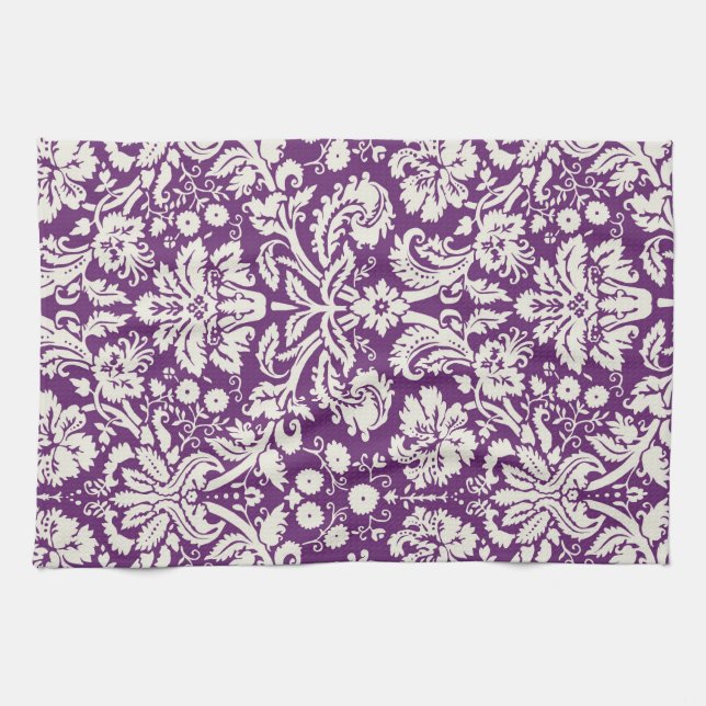 Plum White Damask Pattern Kitchen Towel (Horizontal)