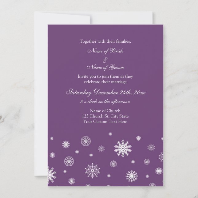 Plum White Snow Winter Wedding Invitation Cards (Front)
