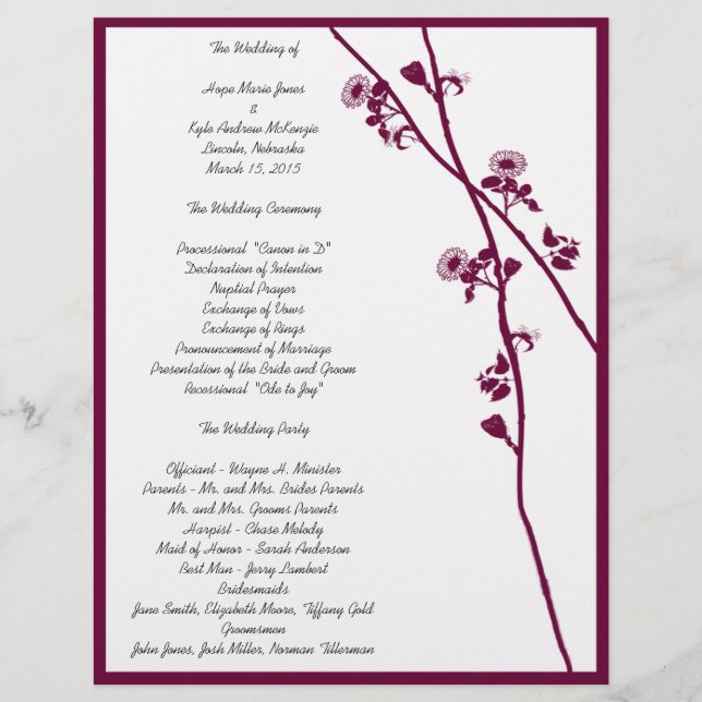 Plum Wild Flower Branches Wedding Program- (Front)