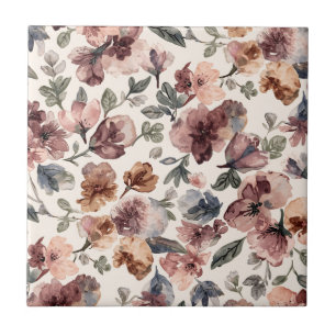 Plum Wildflower Watercolor Moody Botanical Garden Ceramic Tile