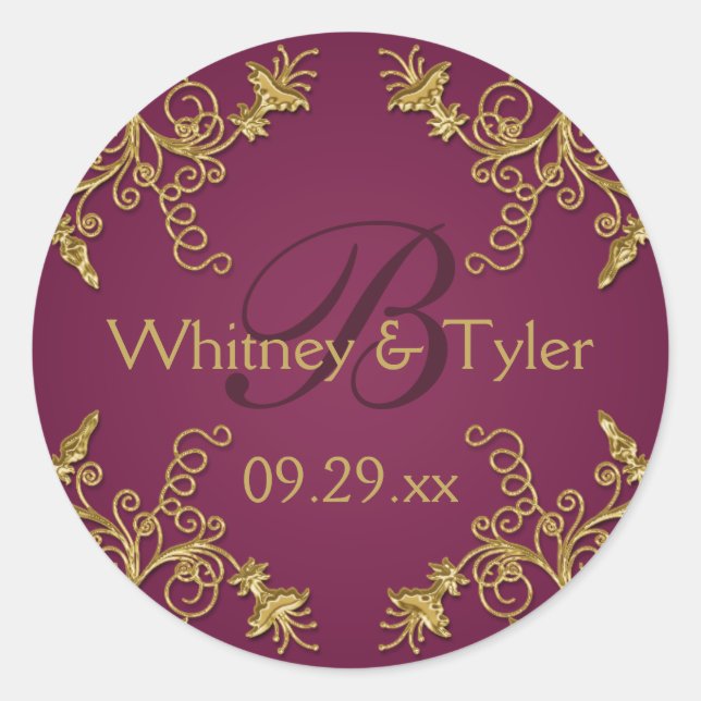 Plum Wine and Gold Floral Damask 1.5" Sticker (Front)