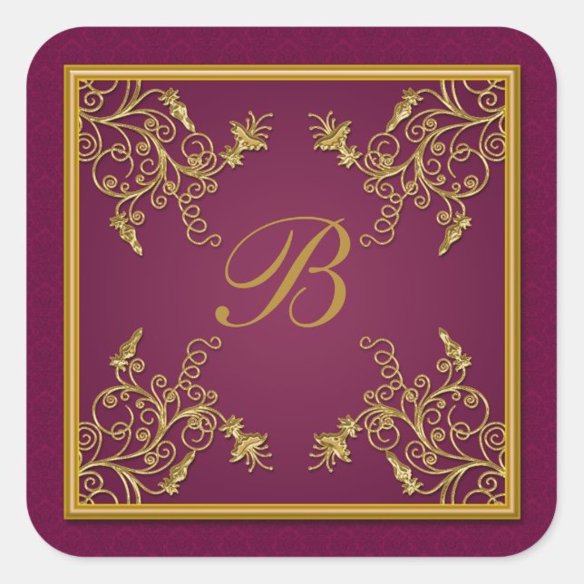 Plum Wine and Gold Floral Damask Monogram Sticker (Front)